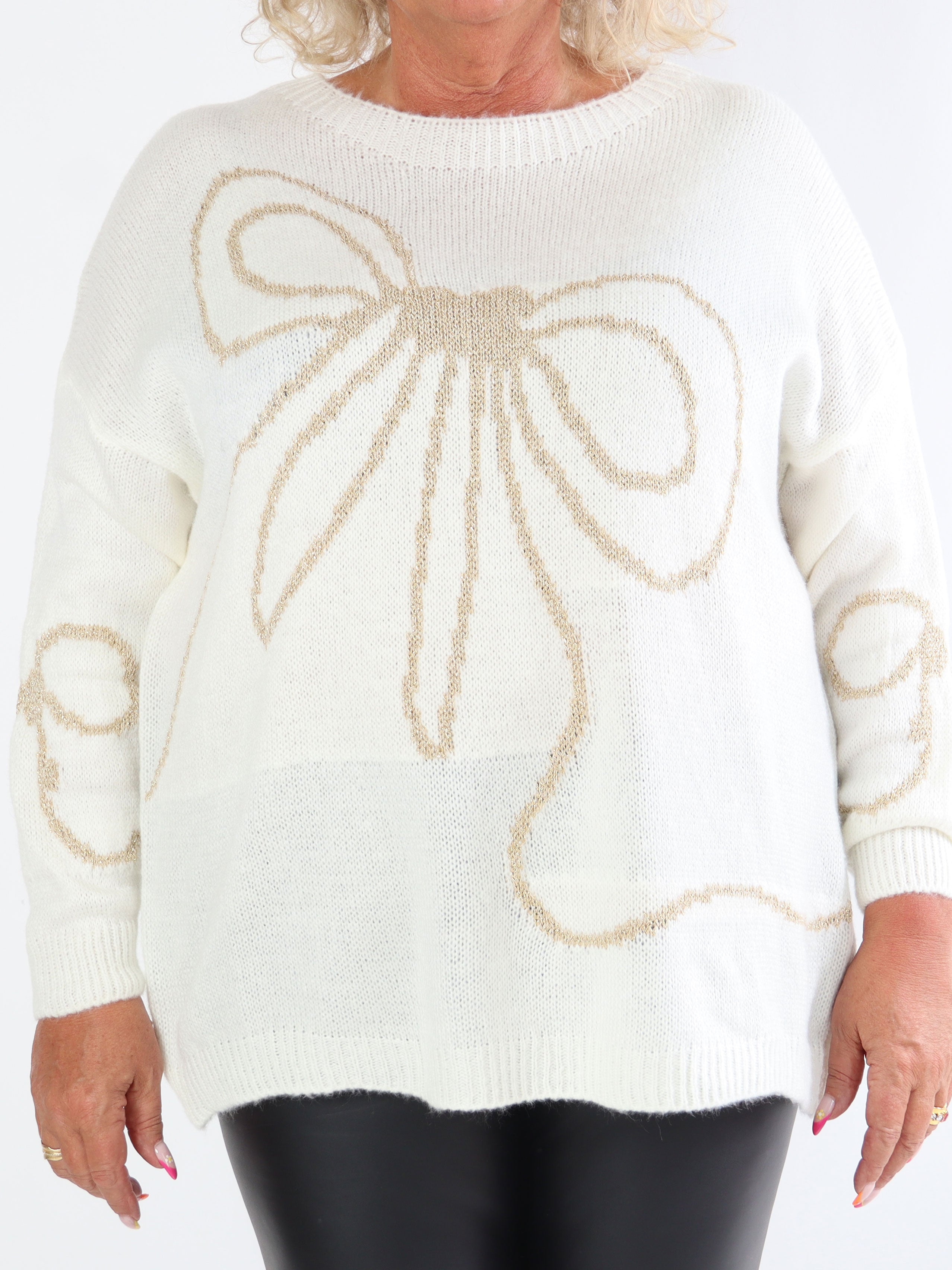 Ruby - Stickad tröja i plus size med rosett i ull och guldtråd